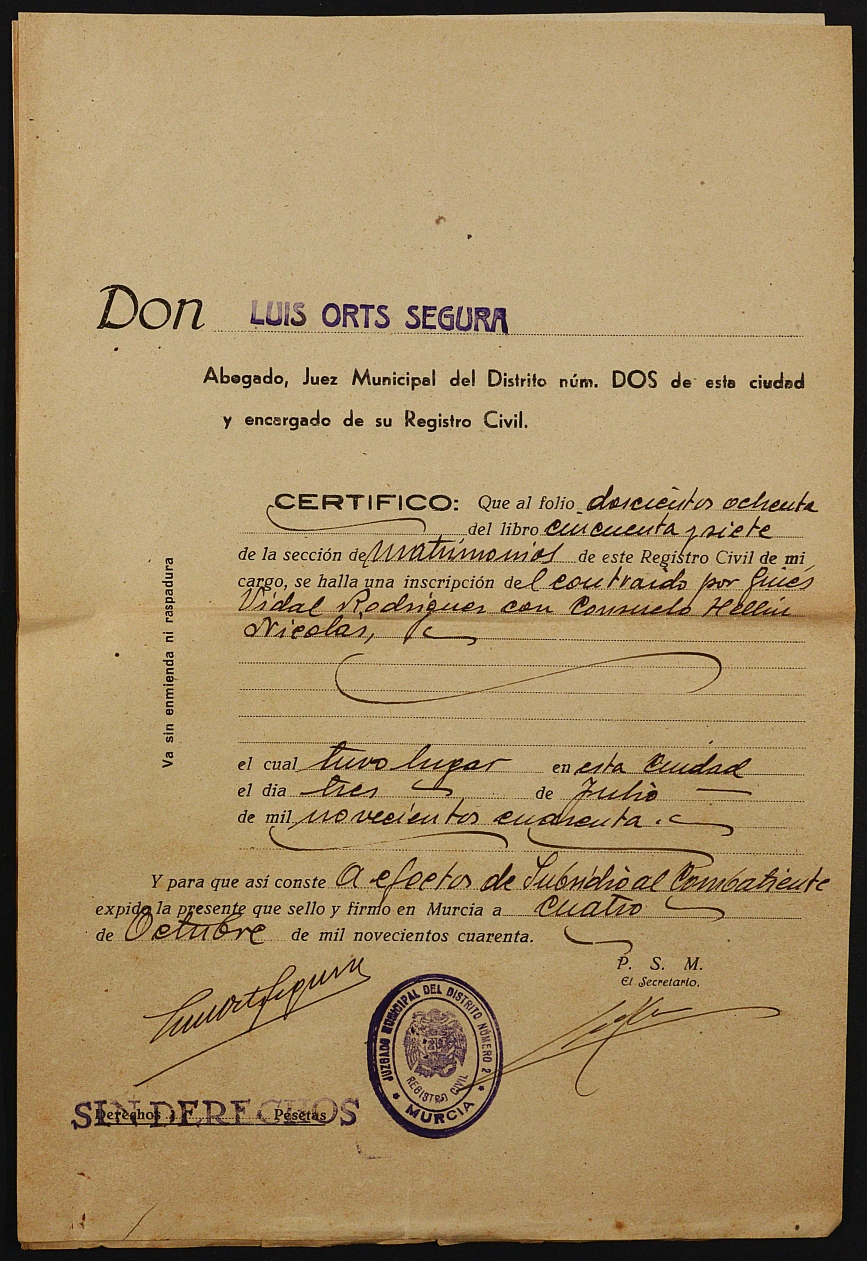 Expediente nº 130/1940 de beneficiario del subsidio al combatiente de Ginéz Vidal Hellín